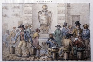 Bývalý pouliční metier v Paříži: nosič vody před fontánou. Rytina Jeana Henryho Marleta (1771-1847) v „“Les Tableaux de Paris“, série 72 tisků, konec 19. století. od Jean Henri Marlet