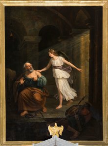 Farní kostel (Nederbrakel, Farní kostel Sint-Pieter-in-de-Banden). Interiér. malování. „Svatý Petr vysvobozen andělem a Tomášem“. Jean-Henri DeCoene. Asi 1835. od Jean Henri de Coene