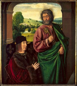 Portrét Pierra II. de Beaujeu, vévody z Bourbonu (1439-1505) v podání Saint Pierre Painting od Maitre de Moulins nebo Jean Hey (1450-1505). Slunce 0,73 X 0,65m
