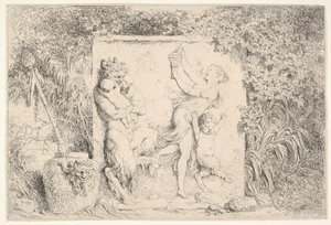 Basreliéf zobrazující satyra vlevo držícího dvě nemluvňata, další dětský satyr vpravo..., 1763. od Jean Honore Fragonard