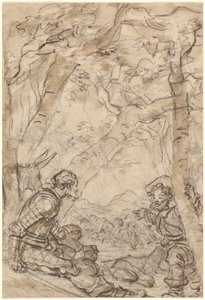 Don Quijote a Sancho Panza jsou svědky útoku na Rocinante od Jean Honore Fragonard