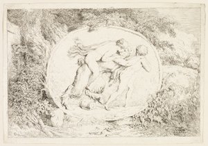 Nymfa jedoucí na zádech satyra, z knihy Bakchanálie aneb Hry satyrů od Jean Honore Fragonard
