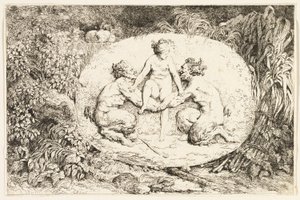 Nymfa sedící na rukou dvou satyrů z Bakchanálií aneb Hry satyrů od Jean Honore Fragonard