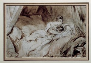 Šťastný okamžik Pár se navzájem hladí v posteli. Kresba v Bistre Wash od Jean Honore Fragonard (1732-1806) Soukromá sbírka z 18. století od Jean Honore Fragonard