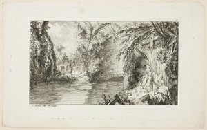 Krajina s chodcem a kaskádou, deska 5 z druhé sady Livre de paysages (Kniha krajin) od Jean Hoüel