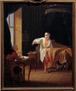 Spisovatel a filozof Voltaire (1694-1778) diktuje svému tajemníkovi Collinimu Ferneyův obraz Jeana Hubera (1721-1786) Sun z 18. století. 0,37 x 0,31 m Paris Musee Carnavalet