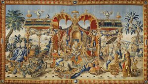 Audience čínského císaře. Tapiserie Jeana II. Barrabanda (aktivního v 18. století), hedvábná vlna a zlaté a stříbrné nitě, kolem roku 1715. Francouzské umění od Jean II Barraband