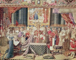 Královská svatba (Ludvík XIV.), z „Dějiny krále“ z karikatury od Lebruna, Gobelínová tapisérie, tkaná na vysoce osnovním stavu (vlna, hedvábí a zlato) od Jean II Jans