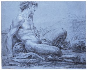 Sedící faun, kolem 1755-57 (černobílá křída na modrém položeném papíře) od Jean II Restout