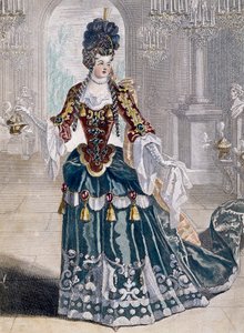 Portrét Mademoiselle Desmatins (1682-1708), hudebník v opeře, rytina Jean Berain