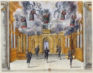Scénografie Jeana Beraina staršího (1640-1711) pro Le feste di Amore e di Bacco (Oslavy lásky a Baccha), balet Jean-Baptiste Lully (1632-1687), uvedený v Palais-Royal v Paříži, 15. listopadu