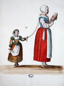 Dvě mladé dívky, návrh divadelních kostýmů pro oslavy a večírky Ludvíka XIV (akvarel na papíře)
