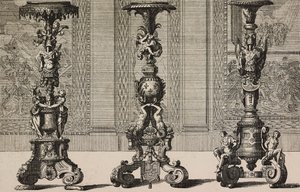 Velké bronzové svícny, rytina Jean Berain (1640-1711) z L