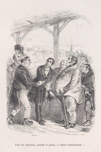 Všichni voliči, velcí i malí, se shromažďují, aby se navzájem pokorně přemlouvali... z Malé bídy..., 1843. od Jean Ignace Isidore Gérard