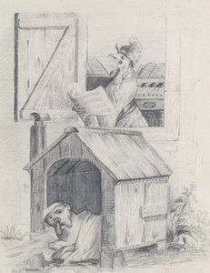 Pes v boudě, kohout zpívá u okna, ca. 1842.