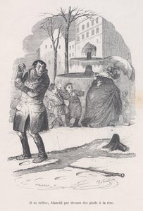 Vstává, od hlavy až k patě pokrytý sněhem. z Malé bídy lidského života, 1843.