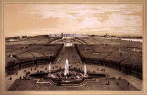 Celkový pohled na park a palác ve Versailles, publikoval Auguste Bry (litho)