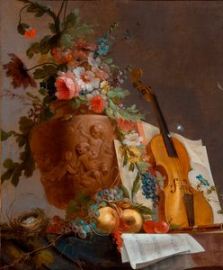 "Zátiší s květinami a houslemi" Obraz Jean-Jacquese Bacheliera (1724-1806) kolem roku 1750 - Olej na plátně - 88,9 x 73,5 - Galerie umění Jižní Austrálie