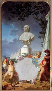 Učená Evropa Alegorické znázornění slávy Francie, busta Ludvíka XVI. (1754-1793) dominuje mapě francouzského majetku, kohouta, andělů a symbolů umění a věd. Obraz Jean Jacques Bachelier (1724-1806) 1762 Versaille