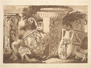 Kompozice se starožitnými fragmenty a šikmou vázou, z Recueil de Compositions..., 1782-84.