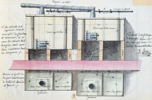 Návrh systému ohřevu vody v hotelu de Montholon v Paříži, cca 1787 (čb na papíře)