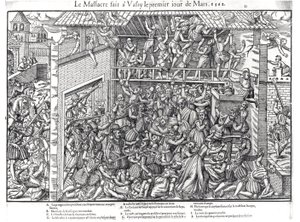 Masakr protestantského obyvatelstva vojsky vévody de Guise ve Wassy-sur-Blaise, 1. března 1562, vyryl Jacques Tortorel (1568-92) od Jean Jacques Perrissin