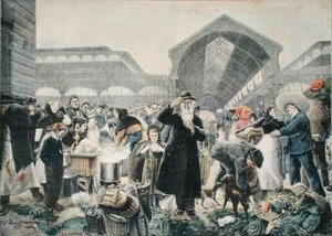 Stánek s polévkou na trhu Les Halles v dopoledních hodinách, ilustrace z Le Petit Journal, 2. března 1897, vyryto Fortune-Louis Meaulle (1844-1901) od Jean Jacques after Rousseau