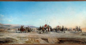 Hledá kempovací karavany nomádů a velbloudů v poušti. Obraz Jean Joseph Bellel (1816-1898) Montpellier 19. století, Musee Fabre - Hledá se tábor. Kočovné karavany a velbloudi v poušti. Obraz Jean Joseph Bellel (1816-1898) od Jean Joseph Bellel