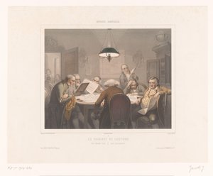 Sedm mužů čtoucích u stolu Le cabinet de lektor / Čtenářský klub / Das lescabinet (název na objektu) Zobrazení speciálních aktivit (název seriálu) Musée omnibus (název série na objektu) od Jean Julien Jacott
