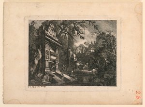 Architektonická fantazie s hrobkou a ruinami, deska z "Giovan Inventione Ruins. Loren, Legeay Architet. Vyřezal sám v Luce 1768"