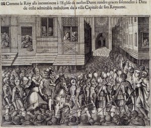 Vstup Jindřicha IV. (1553 - 1610) v Paříži dne 22. března 1594 a návštěva mše Cathedrale de Notre Dame - rytina Jeana Leclera, po Bollerym, Musee de Notre Dame de Paris
