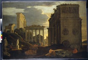 Capriccio pohled s postavami u vítězného oblouku a chrámy Saturn a Jupiter Tonans (olej na plátně)