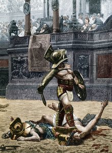 Gladiátoři v římské aréně. Diváci varují vítěze, aby nešetřil svého soupeře, kterého porazil, a usmrtili ho. Rytina podle detailu obrazu od Jean Leon (Jean-Leon) Gerome (1824-1904)