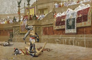 Gladiátoři v římské aréně: diváci dávají "palec dolů", čímž dávají najevo, že vítěz nemá svého protivníka šetřit. Chromolitografie podle obrazu JL Geroma. od Jean Leon Gerome