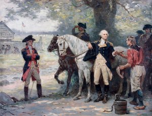 Americká válka za nezávislost (1775-1783): George Washington (1732-1789) na půli cesty k Brookovi, poblíž vojenského tábora kontinentální armády, mladík mu přináší nápoj - obraz Jeana Leona Geroma Ferrise (1863-1930 ) od Jean Leon Gerome