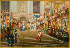 Přijetí Louise 2 de Bourbon Conde řekl Grand Conde králem Ludvíkem 14 ve Versailles v roce 1674 od Jean Leon Gerome