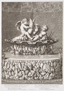 Fontána se dvěma amorky jedoucími na raku, navržená Jacquesem Houseauem, ve Versailles, 1677 od Jean Lepautre