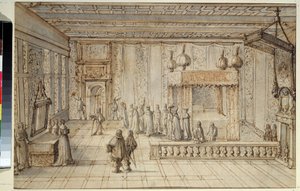 Ložnice krále Ludvíka XIV. (1638-1715) ve Versailles. Komnata krále Ludvíka XIV ve Versailles. Kresba Jean Le Pautre (1618-1682)