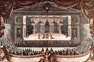 "Imaginární invalida" od Jean Baptiste Poquelin dit Moliere ve Versailles (barevná rytina)