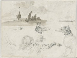 List s náčrtky: Greyhounds; Mužská a ženská hlava v od Jean Louis André Théodore Géricault