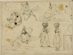 List s náčrtky: Vojáci, koně a krajina od Jean Louis André Théodore Géricault