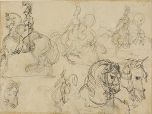 Náčrty jízdních karabiníků a hlav koní od Jean Louis André Théodore Géricault