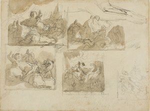 Náčrtky kavalírské bitvy a psí přední tlapky od Jean Louis André Théodore Géricault