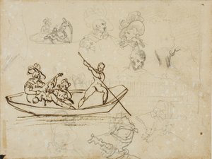 Náčrtky hudebního večírku na lodi a ženy ve vysokém klobouku od Jean Louis André Théodore Géricault