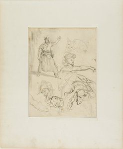Studie kováře a koňské hlavy s náčrtky dalších postav a králíka od Jean Louis André Théodore Géricault
