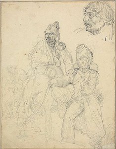 Studie skupiny postav s detailem hlavy granátníka od Jean Louis André Théodore Géricault
