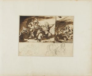 Tři náčrtky jezdecké bitvy a náčrtek dvou jezdeckých bitev od Jean Louis André Théodore Géricault