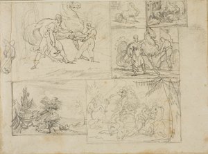 Tři studie s náčrtky zalesněné krajiny a jezdecké bitvy od Jean Louis André Théodore Géricault