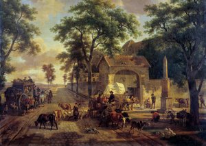 Krajinná cesta s povozem rolníků, stád a pastýřů. Obraz Jean Louis Demarne (1744-1829) 19. stol. Ztlumit. 0,5x0,61m.