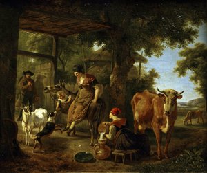 Na farmě. Scéna z venkovského života par Demarne, Jean-Louis (Jean Louis de Marne ou de Marnette) (asi 1752-1829). Olej na plátně, druhá polovina 18. stol., Státní muzeum umění A. Radishcheva, Saratov
